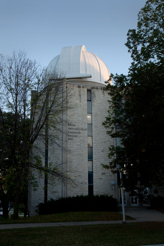 Photo: Evening exterior of the Ritter Observatory, Toledo, Ohio. Photo by James Guilford.