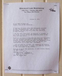 Gary Hack Letter #4221 Photo: Letter posted on wall at the Hinckley Lake Boathouse.