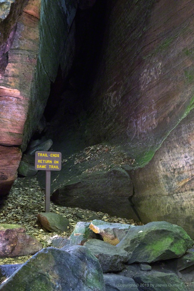 Photo: Sign at the end of the trail. Photo by James Guilford.