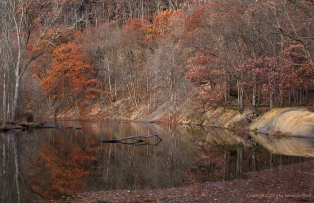 Photo: Muted fall colors reflected in the still waters of a lagoon. Photo by James Guilford.