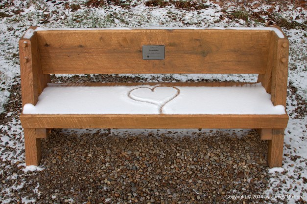 Photo: Hand-drawn heart on memorial bench. Photo by James Guilford.