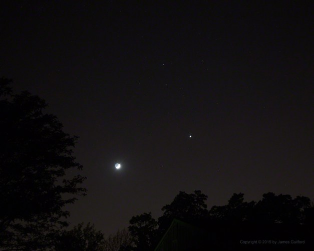 Photo: Moon and Venus amongst the Stars of Gemini. Photo by James Guilford.