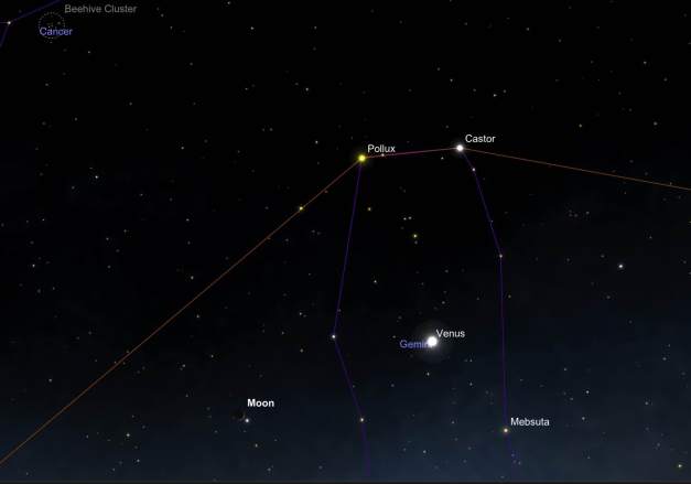 Astronomical Chart Identifying Objects in Western Sky Evening of May 21, 2105. SkySafari