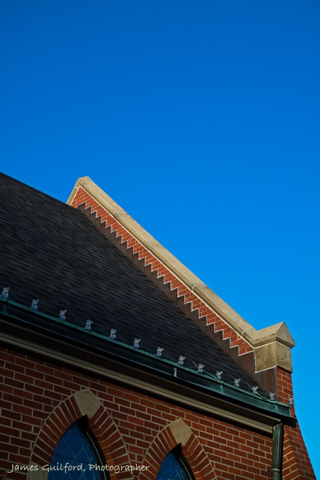 Photo: Church roofline displays design resembling steps going skyward. Photo by James Guilford.