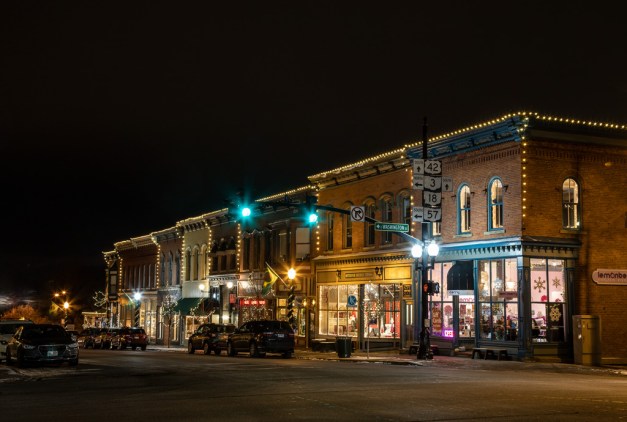 Photo: South Court Street viewed from Public Square, Medina, showcases businesses and buildings in their holiday finery. Photo by James Guilford.