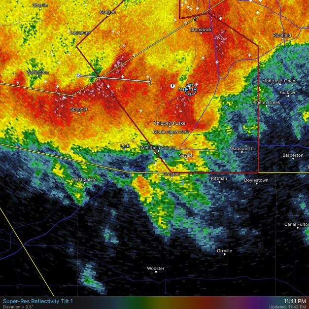 Radar image of severe thunderstorm with tornadic hook.