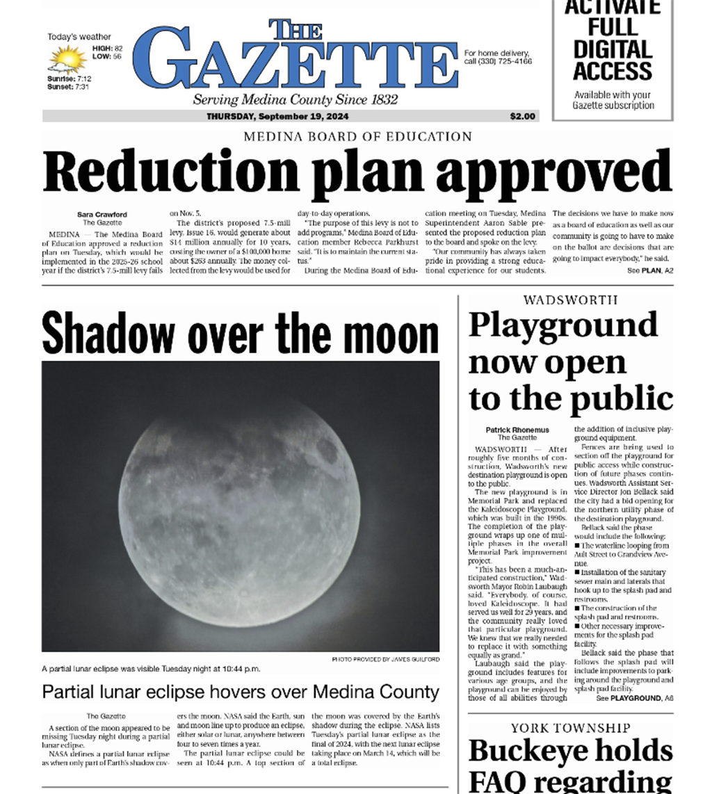 The Front Page of The Medina (Ohio) Gazette for Thursday, September 19, 2024. It features a large boxed item titled "Shadow over the moon" and the partial lunar eclipse photo by James Guilford.
